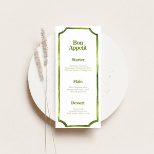 Green Watercolor Edge Dinner Menu, Printable Menu Card, Look of Custom, Frame, Chartreuse , Printable Menu, Wedding Menu Card, 4x9 image 1