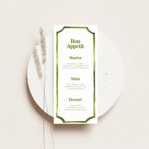 Groene aquarel rand dinermenu, afdrukbare menukaart, uiterlijk van aangepast, frame, chartreuse, afdrukbaar menu, bruiloft menukaart, 4x9