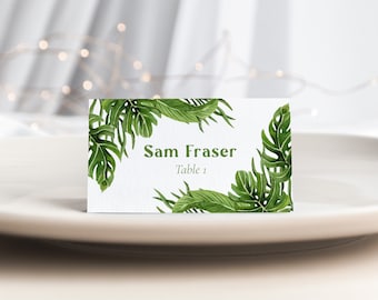 Tropical Fold Over Place card Template, Hawaiian Escort Card Printable, Tropical leaves watercolor name card, Instant Download, 2x3.5