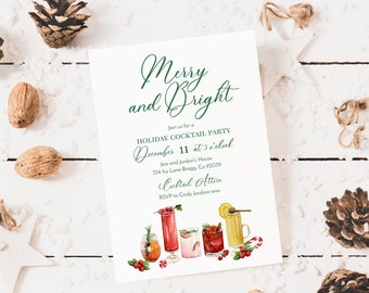 Christmas Party Invitation, TEMPLATE, Holiday Cocktail Party Invitation for Adults, Printable Christmas Drinks Invite Download,  5x7