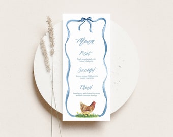 Easter Brunch Menu TEMPLATE, Easter Dinner Menu Card, Look of Custom, Hen, Farm Wedding, Chicken on Menu, Printable Menu, 4x9