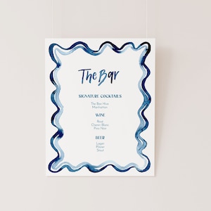 Blue Scallop Edge Bar Menu TEMPLATE, Loopy Watercolor Bar Sign, Blue Watercolor Edge, Squiggle, Printable Bar Menu, Wedding Bar, 8x10