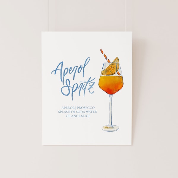 Aperol Spritzer Aquarell Cocktail Menü VORLAGE, Signature Drink Menu, Look of Custom, Handlettering, Braut Cocktail Schild, 8x10