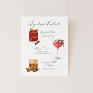 3 SZABLON Menu koktajlowego Holiday Signature, Menu baru do druku, 13 opcji napojów, Bar na imprezę świąteczną, Koktajl akwarelowy, Pionowy 8x10