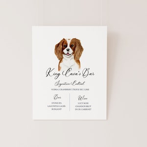 Menú de barra de acuarela de perro Cavalier King Charles Spaniel, menú de barra de plantilla de firma, perro rey Charles de acuarela, signo de barra de boda, 8x10