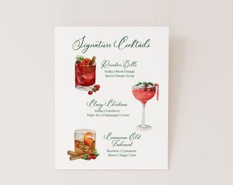 3 Holiday Signature Cocktail Menu TEMPLATE, Printable Bar Menu, 13 Drink Options, Christmas Party Bar, Watercolor Cocktail, Vertical 8x10