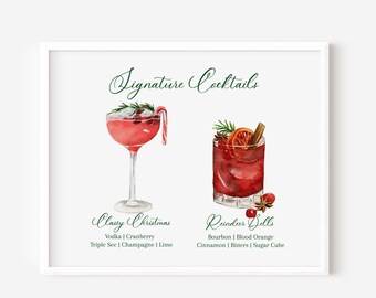 Może przedstawiać: Drukowany plik do pobrania cyfrowo z dwoma przepisami na świąteczne koktajle z akwarelowymi ilustracjami. Pierwszy koktajl nazywa się "Classy Christmas" i zawiera wódkę, żurawinę, triple sec, szampana i limonkę. Drugi koktajl nazywa się "Reindeer Bells" i zawiera bourbon, pomarańczę krwawą, cynamon, gorzkie i kostkę cukru.