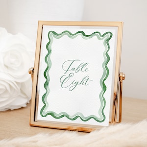 MODELO DE NÚMERO DE MESA COM BORDA DE VELA EM AQUARELA, CARTELAS DE MESA VERDES, DESIGN RASGADO, DESIGN Ondulado, PARA IMPRIMIR, 4x6 E 5x7