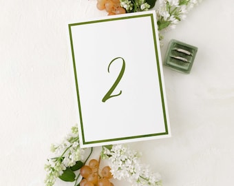 Olive Green Watercolor Frame Table Numbers TEMPLATE, Printable Table Numbers, Olive Green Border table, Digital Template, Wedding,  5x7