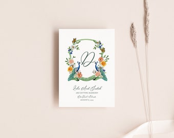 Watercolor Crest Save The Date TEMPLATE, Peacocks and Flowers, Printable Save The Date, Colorful Save The Date, 5x7, Paperless Post