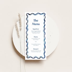 Modèle de menu de dîner de bord de pétoncle d'aquarelle, menu d'aquarelle de gribouillis, aquarelle bleue, menu ondulé moderne, imprimable, mariage, 4x9