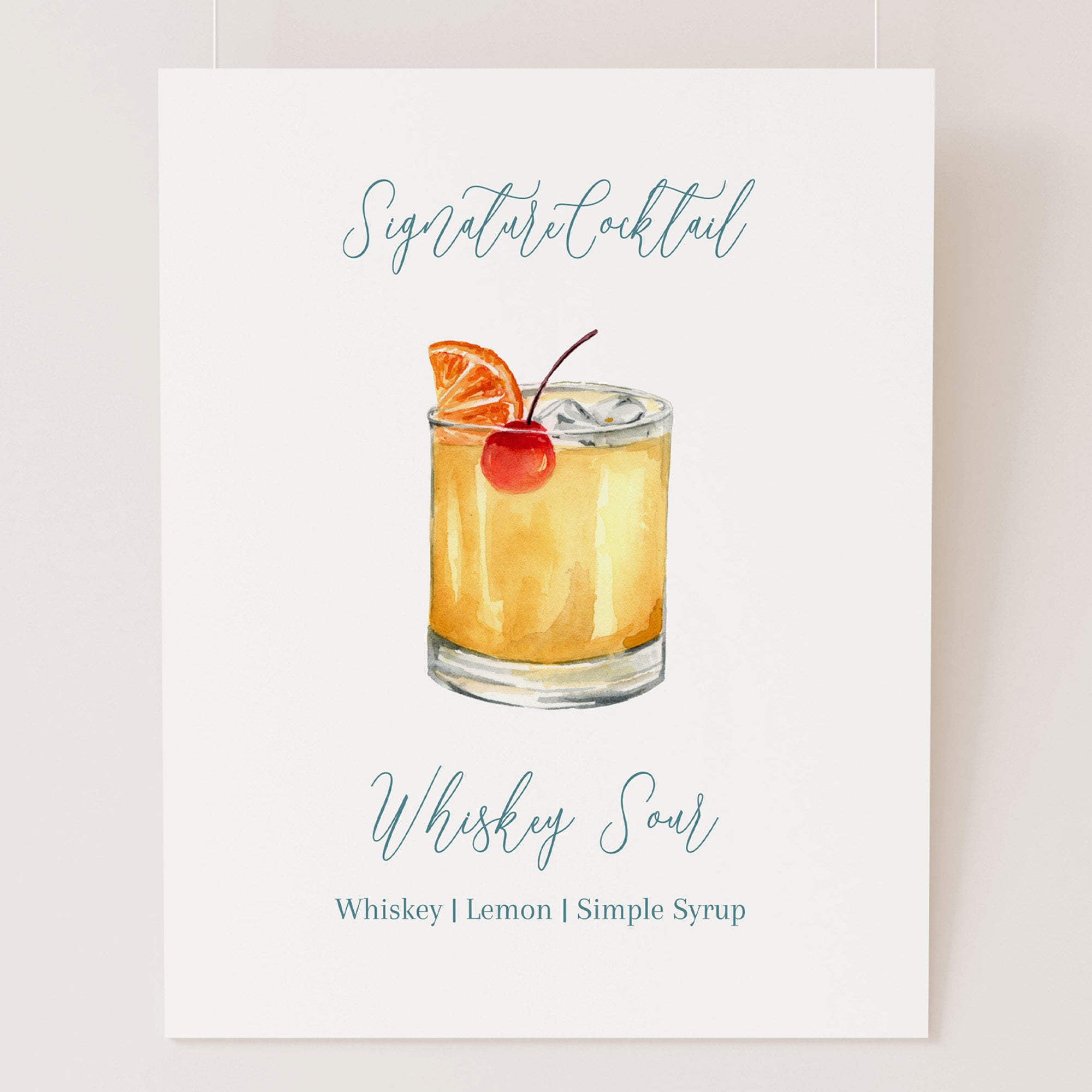 Whiskey Sour Cocktail Sign, Signature Cocktail Template, Instant