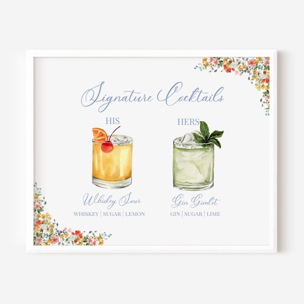 His and Her Signature Cocktail TEMPLATE, 18 Drink Options, Moscow Mule, Old Fashioned, Caipirinha, Paloma, Wildflowers, 8x10, 11x14