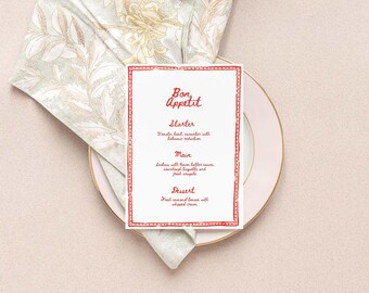 Plantilla de menú de boda en acuarela: Marco floral coral y rojo (5x7, descarga digital)