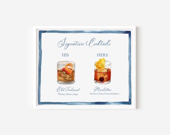 His and Her Signature Cocktail TEMPLATE Watercolor, 24 Cocktails, Mojito, Moscow Mule, Margarita, Paloma, Old Fashioned, Blue Border, 8x10