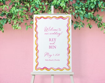 Sherbet Watercolor Squiggle Welcome Sign, Pink and Orange Scallop Edge Design, Printable Welcome Sign, Modern Fun Wedding, 24x36