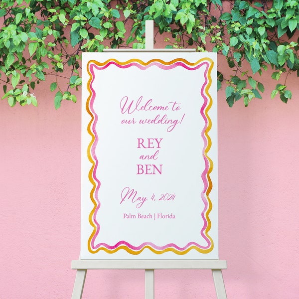 Sherbet Watercolor Squiggle Welcome Sign, Pink and Orange Scallop Edge Design, Printable Welcome Sign, Modern Fun Wedding, 24x36