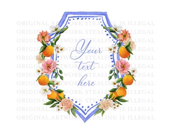 Watercolor Crest PNG, Oranges and Flowers Crest, Colorful Wedding
