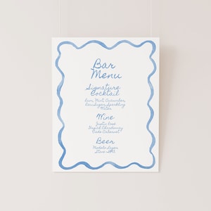 Lichtblauwe kronkelige rand bar menu sjabloon, kronkelende golvende, golvende grenskader, blauwe aquarel barmenu, afdrukbare, bruiloft bar, 8 x 10
