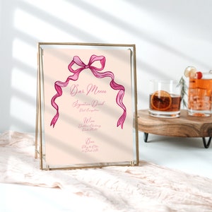 Pink Bow Watercolor Bar Menu TEMPLATE, Modern Wavy Menu, BarbieCore, Pink Menu, Printable, Look Of Custom, 8x10