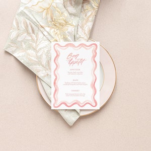 Modelo de menu de jantar com borda de vieira em aquarela, ondulado moderno, menu aquarela de cor blush, rosa empoeirada, rabisco, para impressão, menu de casamento, 5x7