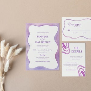 Purple Squiggle Design Wedding Invitation TEMPLATE, Funky retro watercolor, Lilac color invitations, purple wedding, palm springs, Scallop image 1