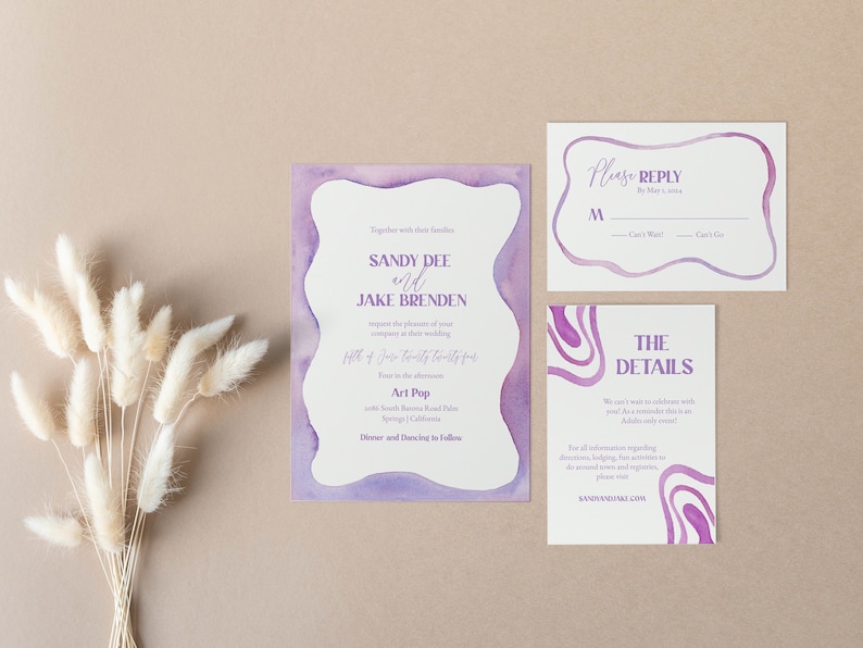 Purple Squiggle Design Wedding Invitation TEMPLATE, Funky retro watercolor, Lilac color invitations, purple wedding, palm springs, Scallop image 1