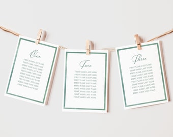 Seating Chart Cards, Editable Table Assignment Sign, Sage Watercolor Edge, Minimalist Wedding, Printable, Green Frame, 5x7