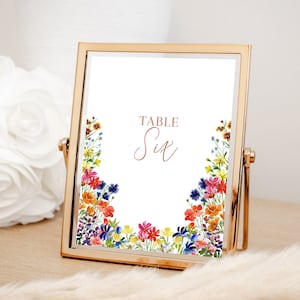 Wildflower Table Number TEMPLATE,  Wedding Table numbers, PRINTABLE Wedding Table Numbers, Colorful Watercolor Wildflowers, 5x7&quot;