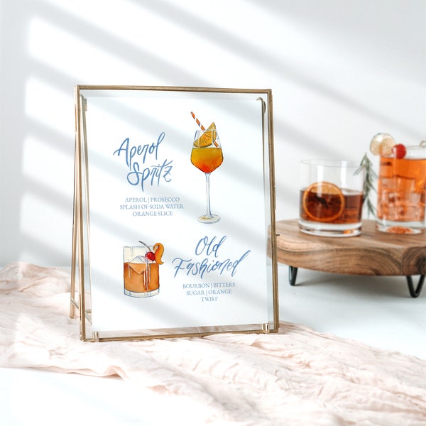 Aperol Spritzer and Old Fashioned Watercolor Cocktail Menu TEMPLATE, Signature Drink Menu, Look of Custom, Hand lettering, Wedding Bar, 8x10