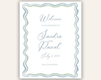 Light Blue and Green Watercolor Squiggle Welcome Sign, Dusty Blue, Sage Green, Scallop Edge Design, Printable Welcome Sign, Wedding, 16x20