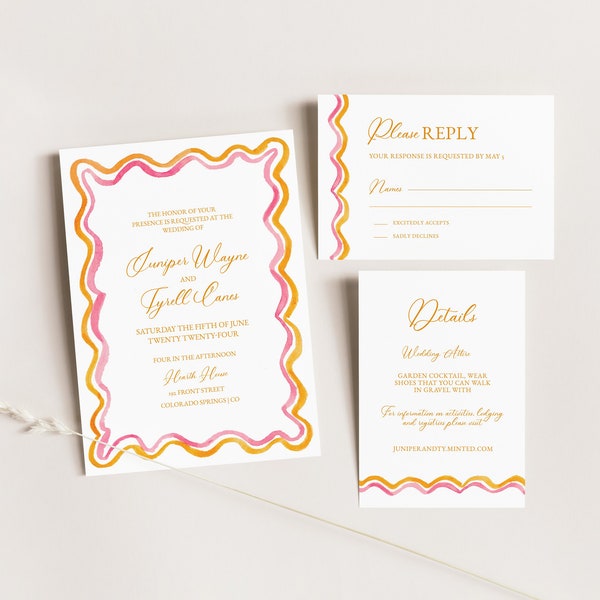 Watercolor Wedding Invitation TEMPLATE, Loopy Watercolor Squiggle, Pink and Orange, Sherbet, Printable Invitation Suite, Wavy Edge Design