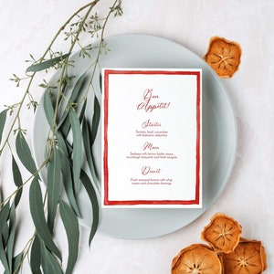 Aquarel rood frame diner menu sjabloon, rode aquarel frame, modern menu, afdrukbaar, bruiloft menukaart, 5 x 7