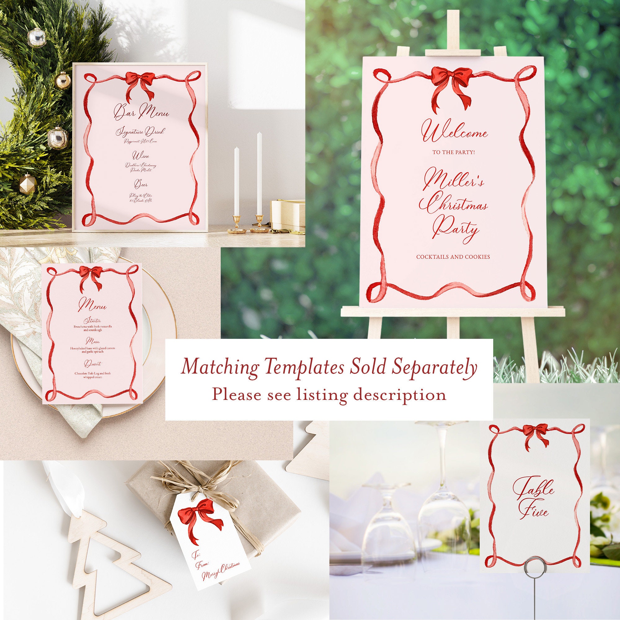 Table Number Red Red Ribbon Watercolor Table Numbers Template: Christmas Holiday (5x7 ...