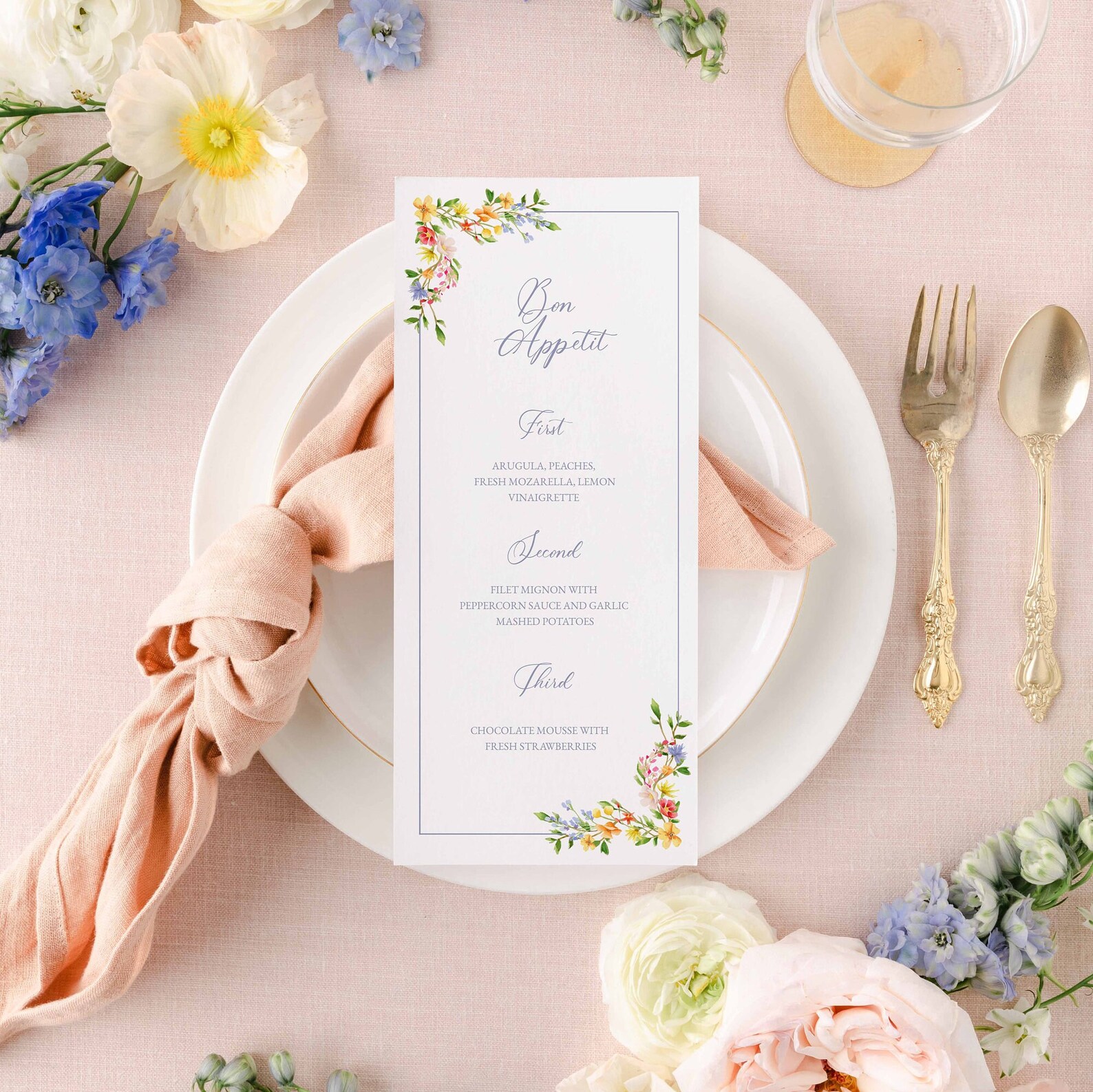 Wildflower Watercolor Edge Dinner Menu, Printable Menu Card, Look of ...
