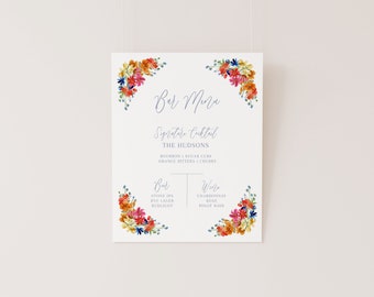 Wildflower Watercolor TEMPLATE Bar Menu, Bright Wildflower Printable Wedding Bar Menu 8x10