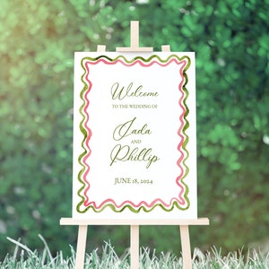 Watercolor Wedding Welcome Sign: Green & Pink Squiggle Design (Printable)