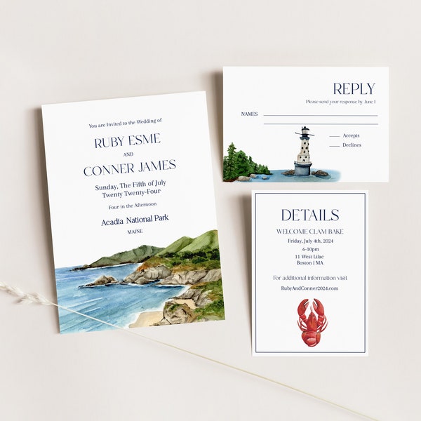 New England Watercolor Invitation TEMPLATE, East Coast Wedding, Printable wedding invitation, Coastal watercolor, Instant Download