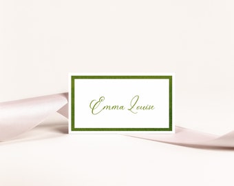 Olive Green Watercolor Frame Place Card Template, Name Card, Watercolor Green, Printable Flat and Foldover,  Look of Custom, 2x3.5