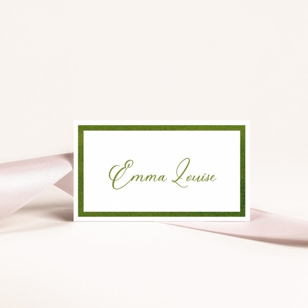 Olive Green Watercolor Frame Place Card Template, Name Card, Watercolor Green, Printable Flat and Foldover,  Look of Custom, 2x3.5