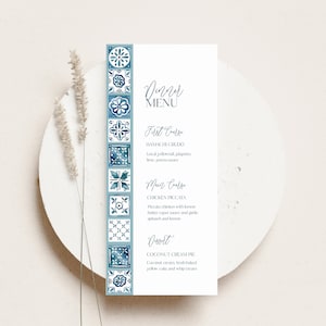 Menu di nozze modello modificabile piastrelle mediterranee, menu di nozze menu cena stampabile 4x9,25, modelli di nozze in stile greco