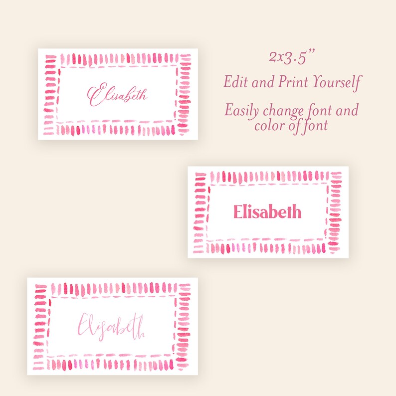 Unique Watercolor Place Card Template, Wedding Place Card, Pink and Blush, Retro, Printable Wedding name card, Pattern Design, 2x3.5 image 5