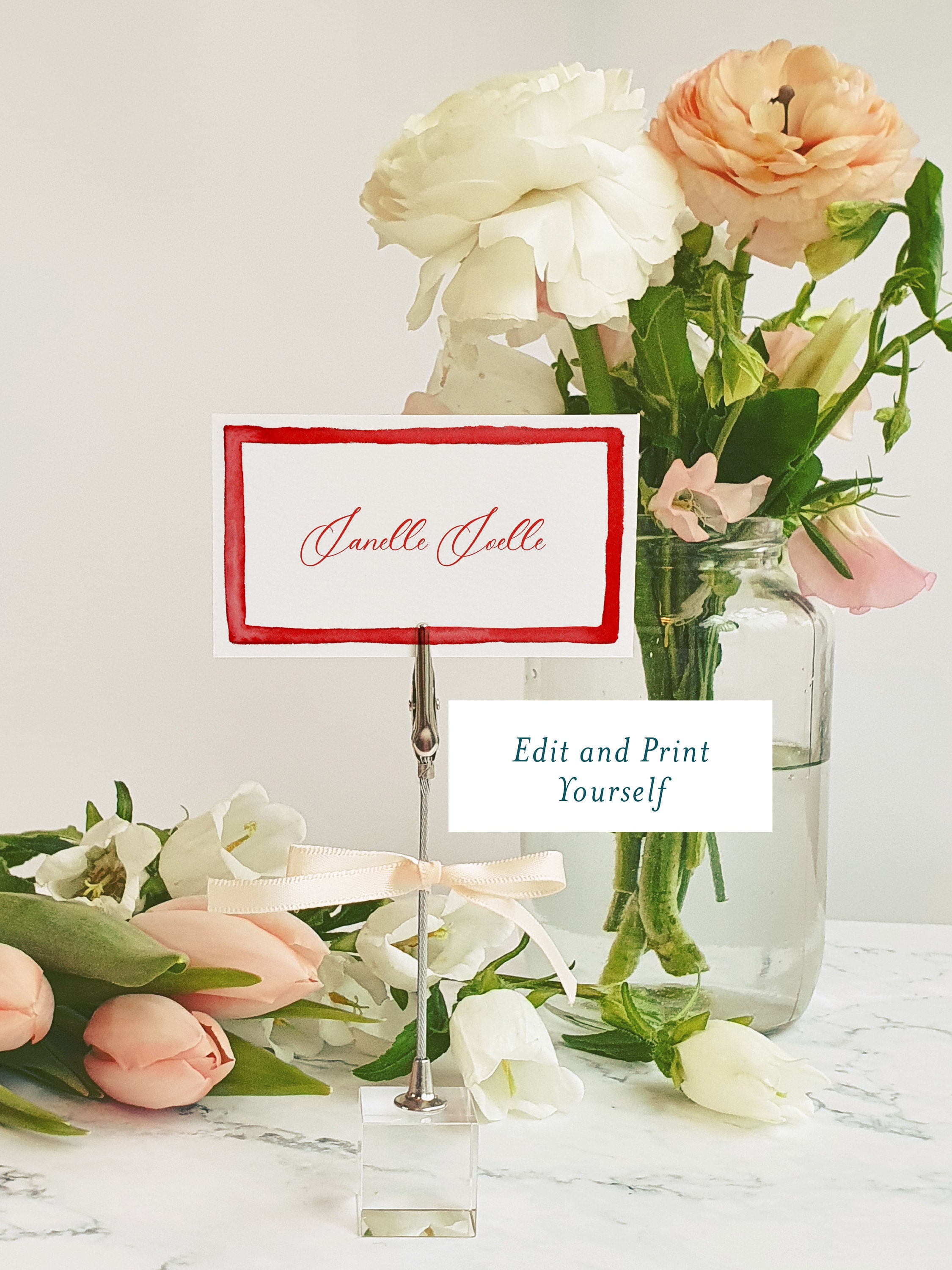Red Watercolor Frame Place Card Template, Holiday Name Card, Printable ...