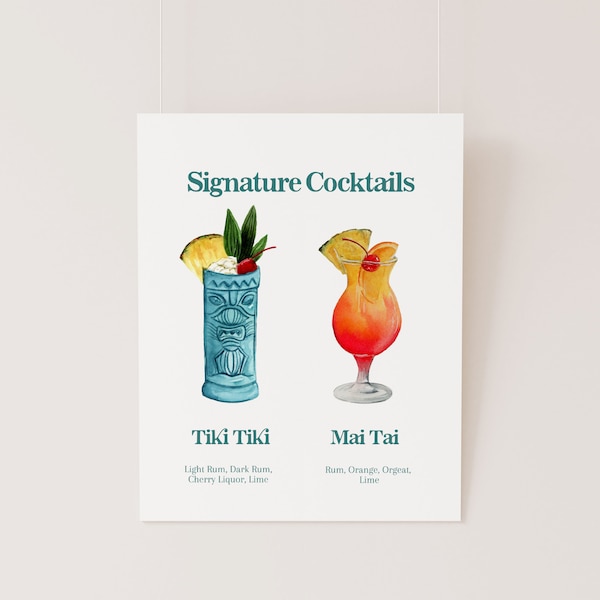 Signature Cocktails Menu, 2 Signature Cocktail Template, Tiki Drink Menu, Printable Cocktail Menu, 8x10 Wedding Bar Menu, Instant Download