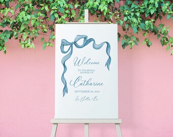 Blue Bow Watercolor Welcome Sign Template: Bridal Shower (Digital Download)