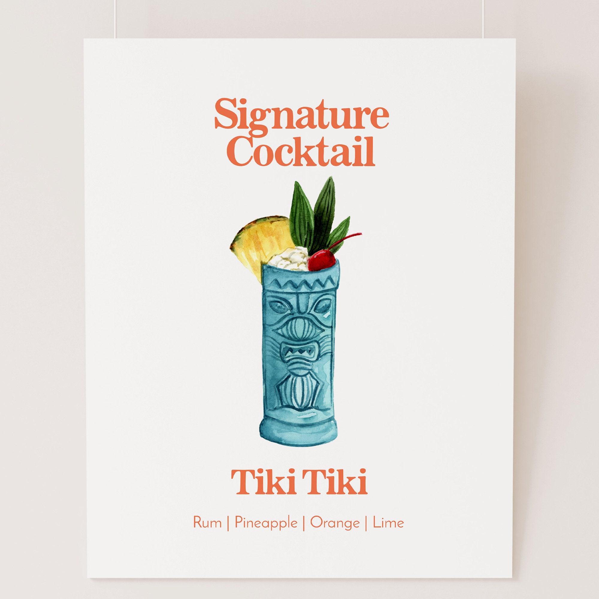 Watercolor Tiki Cocktail Menu: Retro Tropical Bar Sign (digital