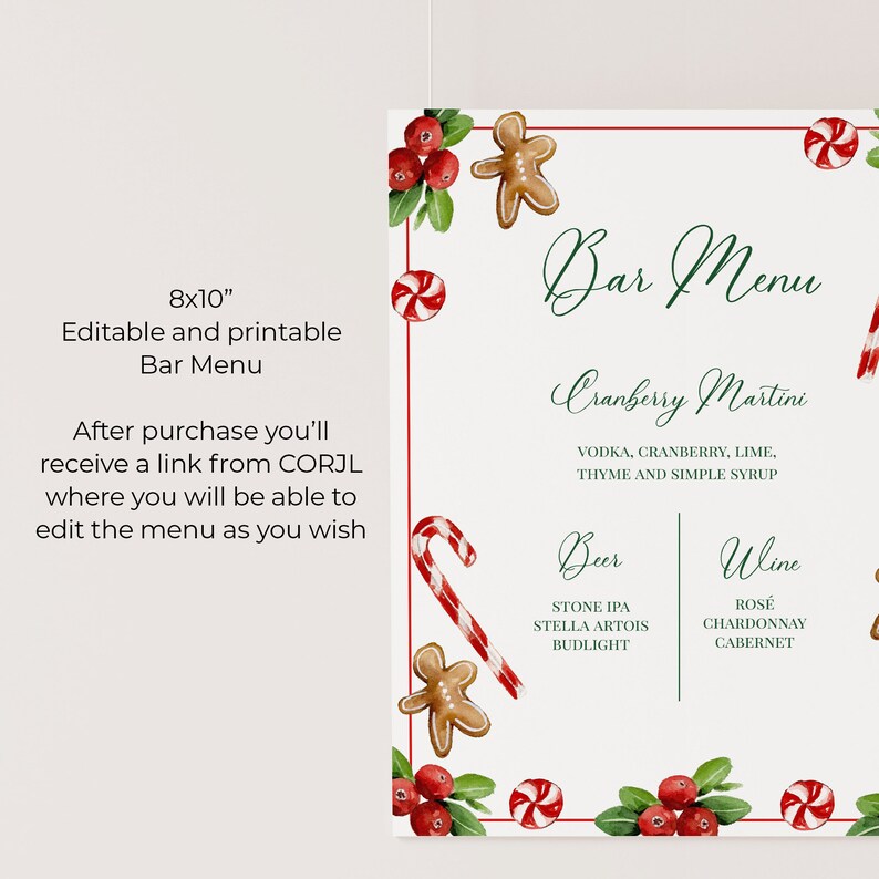 Christmas Themed Bar Menu TEMPLATE, Holiday Watercolor Art Bar Sign