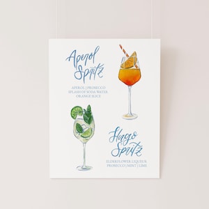 Modèle de carte de cocktails aquarelle Aperol Spritzer et Hugo Spritz, carte de boissons signature, look personnalisé, lettrage à la main, bar de mariage, 8 x 10
