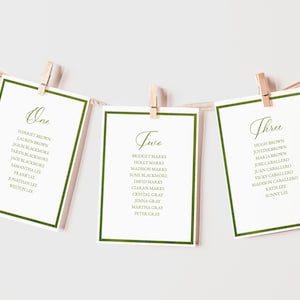 Cartoncini per grafici dei posti a sedere, Segno di assegnazione tavolo modificabile, Bordo acquerello verde oliva, Matrimonio minimalista, Stampabile, Bordo verde, 5x7