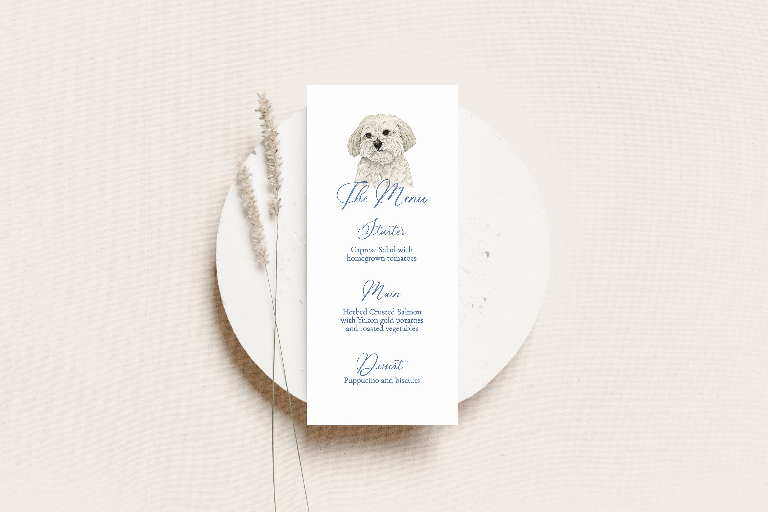 Maltese Dog Watercolor Dinner Menu,  Editable Template Menu, Watercolor Bichon, Printable Menu 4x9